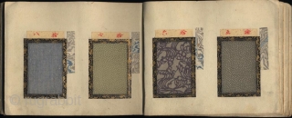 Japanese sample book with 72 numbered textile samples with small decorative designs (komon) printed by stencil (katagami) mounted on 26 pages. Probably from the Kyoto textile dealer Imamura Shinsuke. Untitled. One volume,  ...