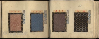 Japanese sample book with 72 numbered textile samples with small decorative designs (komon) printed by stencil (katagami) mounted on 26 pages. Probably from the Kyoto textile dealer Imamura Shinsuke. Untitled. One volume,  ...