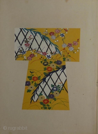 Japanese woodblock book by Ueno Tameji (1906-1960). Orihon album , 33x23 cm. Ten plates of fine designs for kimono printed in colour and metallic pigments.Title Yojo hinagata. One volume of four. Published  ...