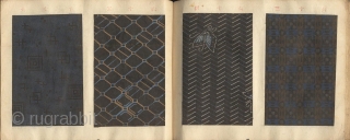Japanese album titled Komon chō (Collection of small patterns). One volume, complete.
With 90 numbered textile samples with small decorative designs (komon) printed by stencil (katagami) on paper, mounted on 45 pages, ca.  ...