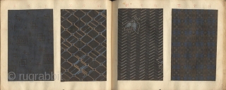 Japanese album titled Komon chō (Collection of small patterns). One volume, complete.
With 90 numbered textile samples with small decorative designs (komon) printed by stencil (katagami) on paper, mounted on 45 pages, ca.  ...