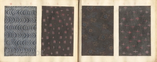 Japanese album titled Komon chō (Collection of small patterns). One volume, complete.
With 90 numbered textile samples with small decorative designs (komon) printed by stencil (katagami) on paper, mounted on 45 pages, ca.  ...