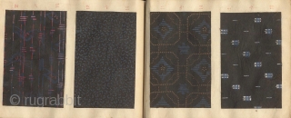 Japanese album titled Komon chō (Collection of small patterns). One volume, complete.
With 90 numbered textile samples with small decorative designs (komon) printed by stencil (katagami) on paper, mounted on 45 pages, ca.  ...