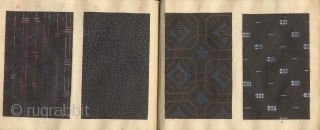 Japanese album titled Komon chō (Collection of small patterns). One volume, complete.
With 90 numbered textile samples with small decorative designs (komon) printed by stencil (katagami) on paper, mounted on 45 pages, ca.  ...