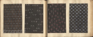 Japanese album titled Komon chō (Collection of small patterns). One volume, complete.
With 90 numbered textile samples with small decorative designs (komon) printed by stencil (katagami) on paper, mounted on 45 pages, ca.  ...