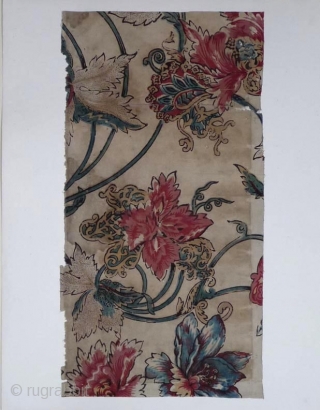 A collection made in Japan of fifteen large textile fragments mounted on cards 48x37 cm.
Including about nine large Indonesian batik fragments, eleven examples of Indian saraza and some western textiles used in  ...