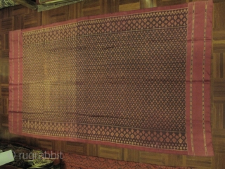 A weft ikat silk skirt cloth from Northeastern part of Thailand with centerfield of small diamond pattern. 4 sided frame indicates strong influence from Cambodian skirt cloth in terms of form and  ...