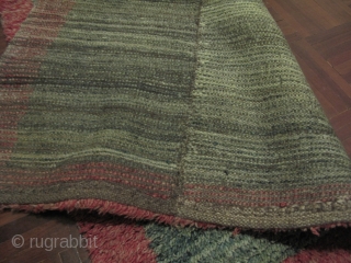 
Tibetan Tsukdruk, looped pile rug - a primitive form of ancient nomadic tibetan carpet weaving. 3 long strips sewn together vertically. Very nice hue of green in the centerfield, Excellent condition, Approx  ...
