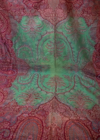 Late 1840's jacquard paisley , French with rare green field woven through possibly arsenic green.  Three similar types in the V & A museum.        