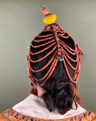 Bhutanese coral and turquoise headdress , original antique piece . top knot of glass circa 1920-30.                 