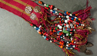  Early rare style Ersari Turkmen headdress with very old upper silver bosses 19th c with additional early  20th c silver and coins , long tie Tassel ends have trade beads  ...