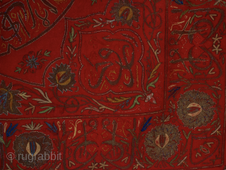 Large Square textile with silk and gold thread embroidery , pseudo Kufic and central Sultan's Tugrah probably used as a turban cover Kavuk Ortuso&n late 19th c Measures : 46" x ...