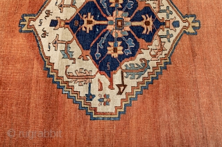 Bakshaish, Circa 1880-- 8'5" x 11'8"
hearth medallion on soft red field; Ivory rosette borders; azure corners with abundant interesting abrashes. Archaic/tribal design elements. Pristine estate piece with no restoration. Lot 513-- https://www.invaluable.com/auction-lot/antique-bakshaish-circa-1880-81B4096BEC.  ...