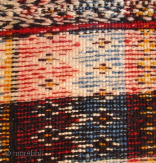 MOROCCAN BERBER MIXED TECHNIQUE RUG known as a handira. It is a mixture of piled woven sections and bands of embroidered kilim weave. This is a common mix for Berber rugs of  ...