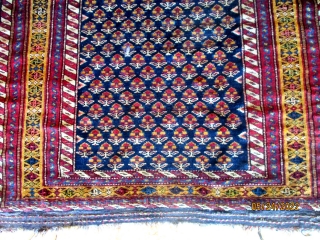 ANTIQUE KURDISH RUG from the western Kurdish Mountain region of the Iran/Iraq border. A very similar example, with the same repeated floral bushes set on an abrashed central field, and also having  ...