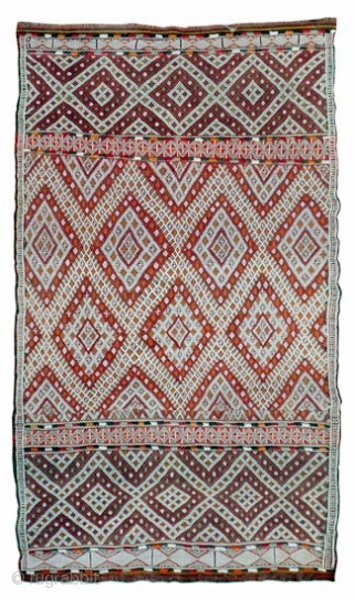 MOROCCAN BERBER MIDDLE ATLAS FLAT WEAVE - Although not old this piece has a magnicent and intricate design in white cotton over the entire field of the base kilim. It is in  ...