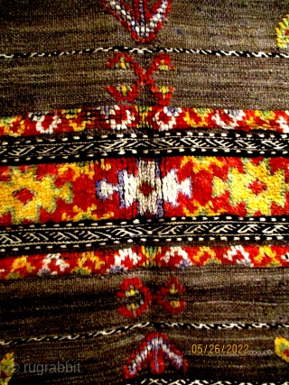 BERBER KILIM -- HORSE BLANKET Which is old, mellowed and has a lustrous sheen on all the shades of wools used in the sections of knotted pile. Many shades of undyed grey  ...