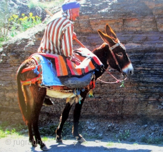 BERBER KILIM -- HORSE BLANKET Which is old, mellowed and has a lustrous sheen on all the shades of wools used in the sections of knotted pile. Many shades of undyed grey  ...