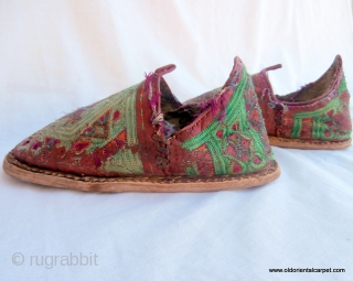 RARE MOROCCAN BERBER SHOES dating from the first half of the 20th century and which are hand made from camel leather. The embroidery is hand stitched silk. They would have been used  ...