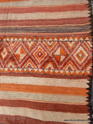 MOROCCAN MIXED TECHNIQUE FLAT WEAVE/KILIM OR "HANBEL". This rare, old hanbel or cover is from the region of Rehamna in the plains of Marrakech. This land lies between that city and extends  ...