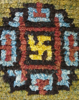 Old Tibetan Wangden rug, khaden size (circa 175 by 90 cm, fringes included), powerful three medaillon with bright yellow swastikas design, unusual brillant colors with rare green field, good age, genuine and  ...