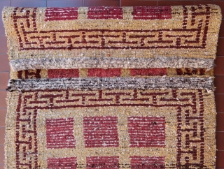 Absolutely unusual and rare Tibetan rug, khaden size (178 by 80 cm), genuine, old, complete, perfect condition, no repairs; it looks like a Wangden rug with its typical wool, knotting, structure and  ...