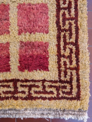 Absolutely unusual and rare Tibetan rug, khaden size (178 by 80 cm), genuine, old, complete, perfect condition, no repairs; it looks like a Wangden rug with its typical wool, knotting, structure and  ...