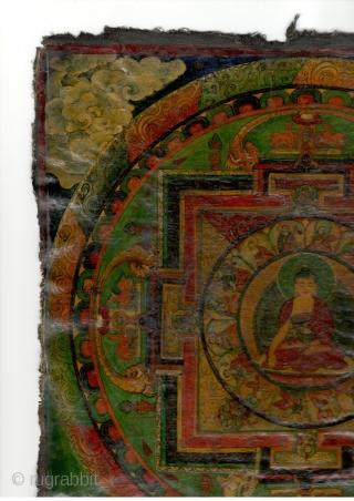 Old Tibetan painting removed from the wooden panel of a damaged cabinet, distemper on cloth, circa 32 by 32 cm: a mandala of the Medicine Buddha?       