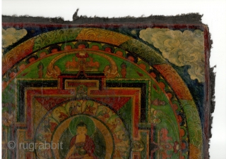 Old Tibetan painting removed from the wooden panel of a damaged cabinet, distemper on cloth, circa 32 by 32 cm: a mandala of the Medicine Buddha?       