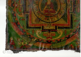 Old Tibetan painting removed from the wooden panel of a damaged cabinet, distemper on cloth, circa 32 by 32 cm: a mandala of the Medicine Buddha?       