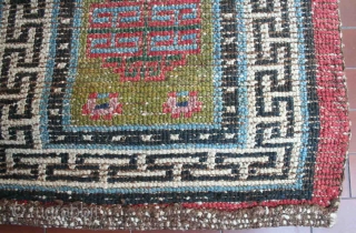 Very old big knot Tibetan "runner", 228 x 66 cm, narrow XIX century type, rare green field, bright colors, heavy w&w wool structure, hand-spun wool, very good condition, no repair.   