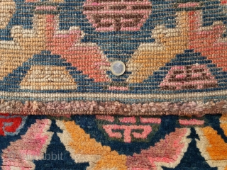 Very nice old Tibetan rug, very early 1900, very pleasant colors, very nice and soft wool, very unusual small size (circa 113 by 49 cm), very good condition (no repairs, full pile),  ...