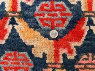 Very nice old Tibetan rug, very early 1900, very pleasant colors, very nice and soft wool, very unusual small size (circa 113 by 49 cm), very good condition (no repairs, full pile),  ...