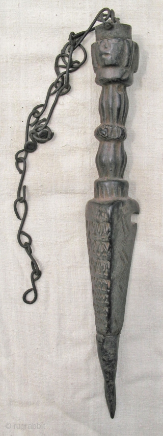 3 Nepali wooden phurba (ritual object) with metal, length 33, 31 and 29cm. Age c. 100 years.                