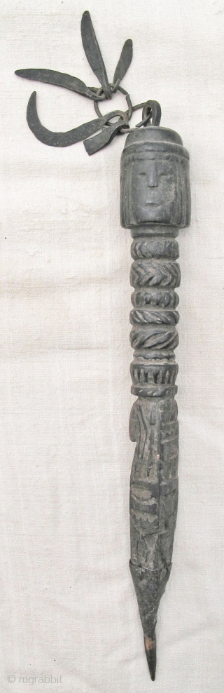 3 Nepali wooden phurba (ritual object) with metal, length 33, 31 and 29cm. Age c. 100 years.                