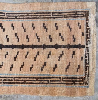 Tibetan tiger rug. Natural dyes with a line of indigo. All wool. Late 19th Century. Good condition, minor repairs. 
64cm x 175cm.           