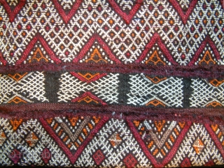 Semi-antique moroccan Amazigh (berber) woven kilim tent cushion

Beautiful example which has detailed handwoven tribal designs on BOTH sides of the cushion. 

Colours: White, black, burgundy, orange, green and brown.
Material: Wool and cotton
Size:  ...