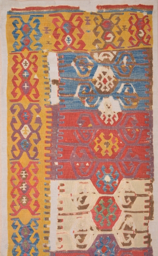 18th Century This small fragment is from a very old kilim probably woven by Cappadocia. kilim originally consisted of two long panels but only found this lovely fragment the surviving fragment is  ...