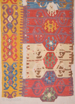 18th Century This small fragment is from a very old kilim probably woven by Cappadocia. kilim originally consisted of two long panels but only found this lovely fragment the surviving fragment is  ...