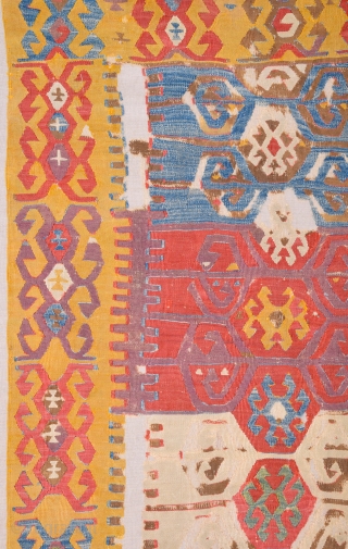 18th Century This small fragment is from a very old kilim probably woven by Cappadocia. kilim originally consisted of two long panels but only found this lovely fragment the surviving fragment is  ...