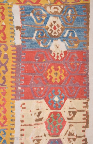 18th Century This small fragment is from a very old kilim probably woven by Cappadocia. kilim originally consisted of two long panels but only found this lovely fragment the surviving fragment is  ...