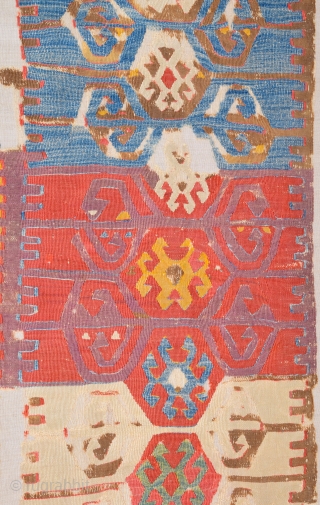 18th Century This small fragment is from a very old kilim probably woven by Cappadocia. kilim originally consisted of two long panels but only found this lovely fragment the surviving fragment is  ...