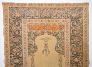 19th Century Anatolian Bursa  Prayer Rug With Great Arabic Read And Ottoman Tulip Border Untouched one Size 135 x 175 Cm           