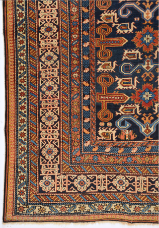 19th Century Caucasian Perepedil Rug.It Has Date But Difficult To Say May Would Be An Arabic Write Size 140 x 205 cm In this blue-ground Perepedil, the field design of vurma motifs,  ...