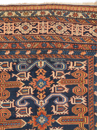 19th Century Caucasian Perepedil Rug.It Has Date But Difficult To Say May Would Be An Arabic Write Size 140 x 205 cm In this blue-ground Perepedil, the field design of vurma motifs,  ...