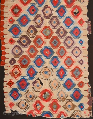 Early example!A fragment of a two-panel kilim from the surroundings of Central Anatolian Sivas, 18th Century Kilim Fragment. It has perfect colors and archaic ends. Size 135 x 230 cm It has  ...