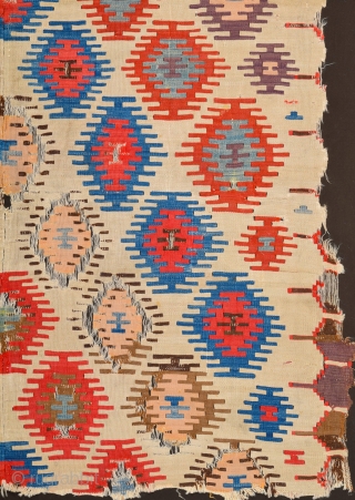 Early example!A fragment of a two-panel kilim from the surroundings of Central Anatolian Sivas, 18th Century Kilim Fragment. It has perfect colors and archaic ends. Size 135 x 230 cm It has  ...