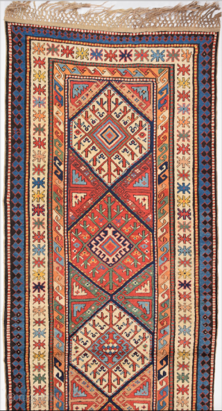 Second Half 19th Century South Caucasian Moghan Rug.Several rewoven sections, now in good condition, includes the original finishes and the warps tied off into nets at both ends.It's in perfect condition unusual  ...