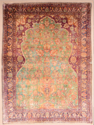 This very finely woven silk rug was produced in one of the Kashan master workshops showing a garden design on a green field circa 1900s Small Muhteshem Keshan prayer Rug rare small  ...