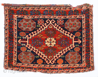 Half of a double bag by the Luri from the Fars area. The design is strongly influenced by Qashqai models, but the coarser weave, with red wool wefts, reveals the Luri origin.  ...